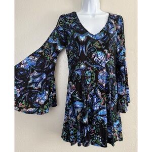 Express bell flare sleeve blue floral paisley mini dress 8